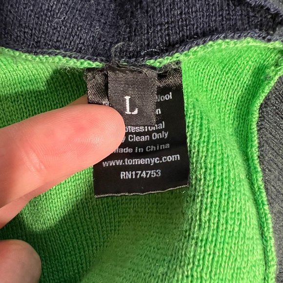 Tome Sweater Women Large Navy Green Colorblock Merino Wool Cotton Slit Peplum - Picture 11 of 15